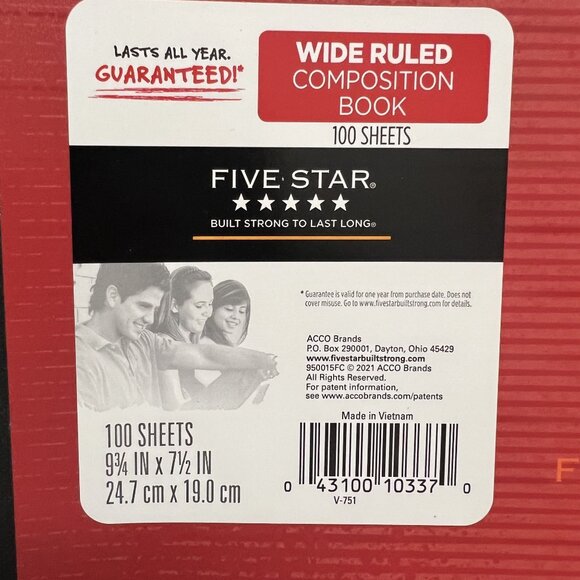 Five Star Wide Ruled Composition Notebook Red 9-3/4"x 7-1/2" (Pack of 3) - Picture 2 of 3